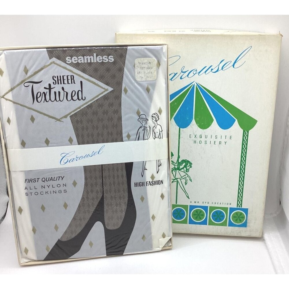 1964 Carousel Sheer Textured Seamless Nylon Garter Stockings-6 Pr Off Black RARE